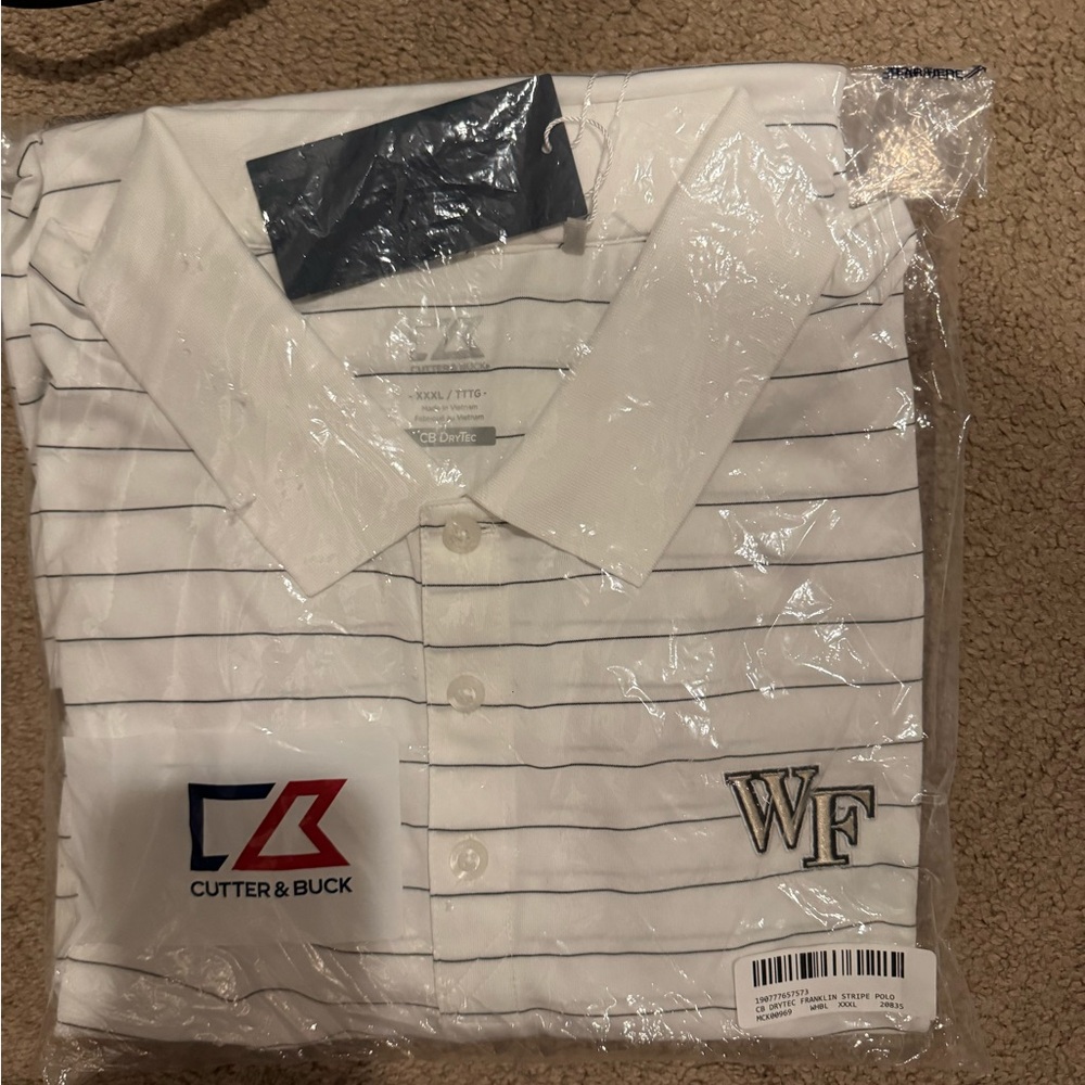 Cutter & Buck Men's White Polo with Navy Stripes